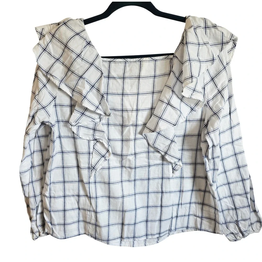 J. Crew M Re-Imagined Plaid Flannel Ruffle Square Neck Top White Medium NWT